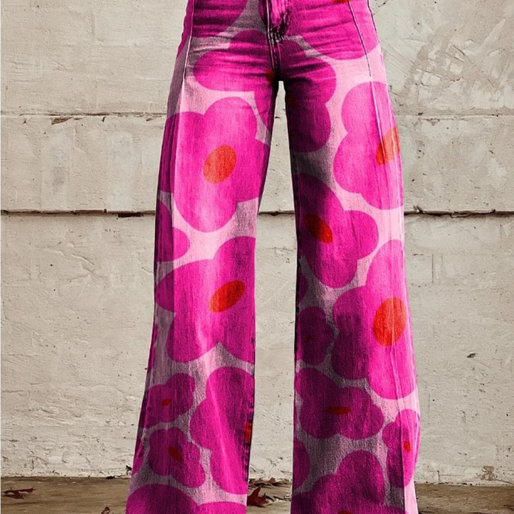 Vibrant Pink Floral Wide-Leg Pants